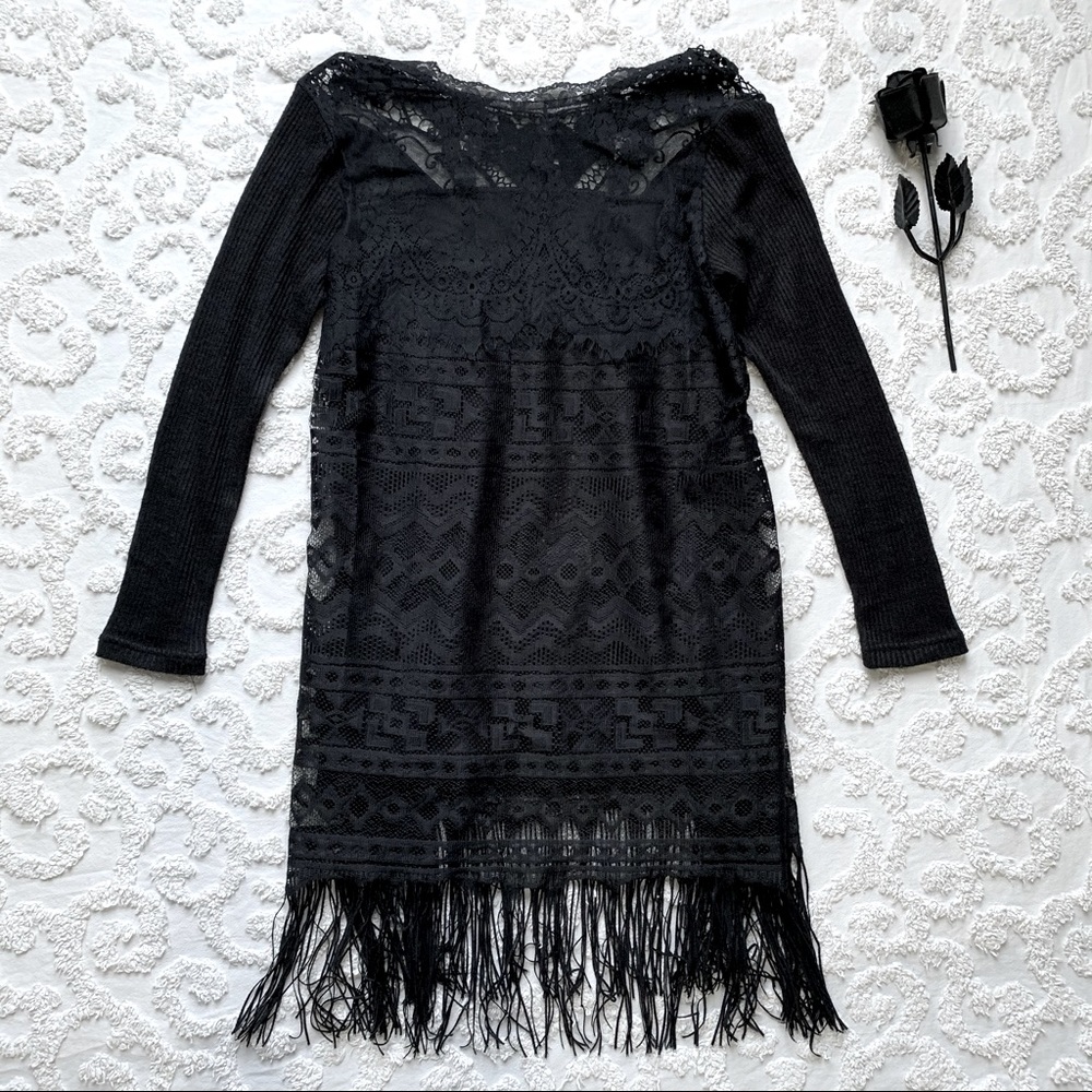 Pretty Angel All Black Fringe & Lace Gothic dress NWT